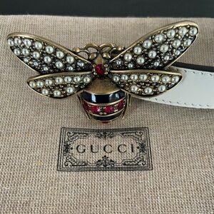 NWOT Gucci White Leather Bee Belt